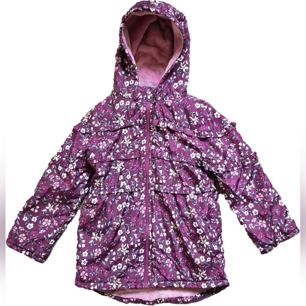 Penelope Mack Girls Floral Purple Pink Hooded Coat with Ruffles– Size 6, EUC